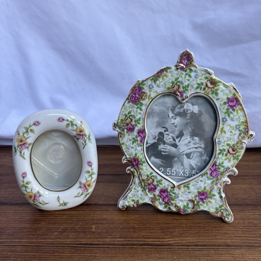 Vintage Lefton China Floral Picture Frame Lot 2 Hand Painted Porcelain Roses